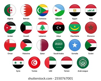 Bandeiras de países membros da Liga Árabe em formas redondas, incluindo Egito, Arábia Saudita, Iraque, Jordânia, Líbano, Somália, Emirados Árabes Unidos, Palestina, Kuwait, Bahrein, Qatar, Marrocos e outros. Ilustração vetorial.