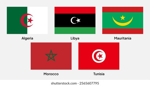 Flags of Arab Maghreb Union (AMU) member countries in rectangular shapes (with a 3:2 ratio). Vector illustration.