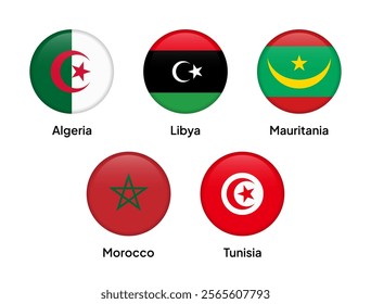 Flags of Arab Maghreb Union member countries in round shapes, including Algeria, Morocco, Tunisia, Libya, and Mauritania. Vector illustration.