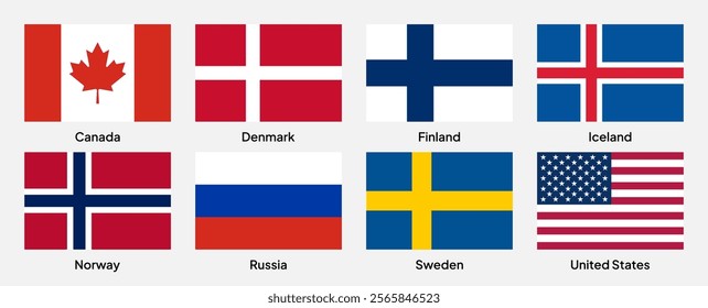 Flags of Arctic Council member countries in rectangular shapes (with a 3:2 ratio). Vector illustration.