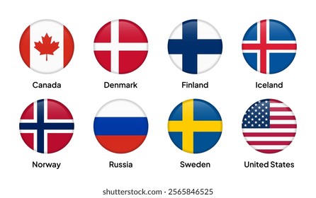 Flags of Arctic Council member countries in round shapes, including Canada, Denmark, Finland, Iceland, Norway, Russia, Sweden, and the United States. Vector illustration.