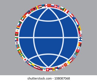 flags around sign of globe vector illustration