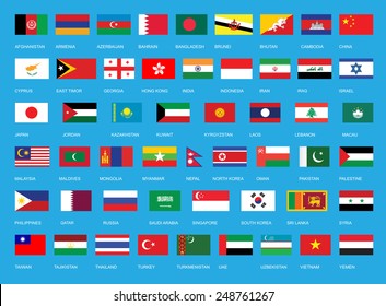 Flags Of Asia. All Asian Continent Flags, Complete Set In Original Colors. All Country Flag Set Of Asia States. 