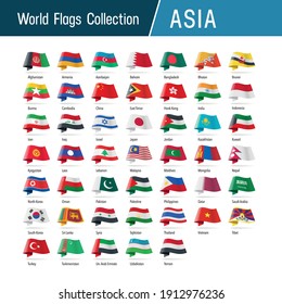 Flags of Asia, waving in the wind. Icons pointing location, origin, language. Vector world flags collection.