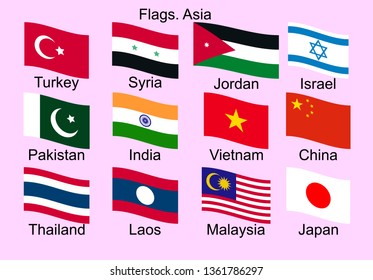 Flags of Asian Countries. Turkey, Pakistan, Syria, India, China, Japan, Laos, Thailand, Israel, and others.