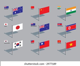 The flags of Australia, China, India, Japan, New Zealand, North Korea, South Korea, Taiwan, and Vietnam. Drawn in CMYK and placed on individual layers.