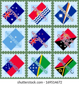 Flags of Australia and the countries of Oceania on blue stamps.