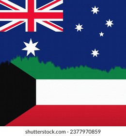 The flags of Australia and Kuwait depicted with a price line chart. Fluctuation graph with bearish trend. Burlap textured. Banking and trade relations concept.