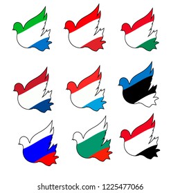 Flags of Austria, Bulgaria, Yemen, Netherlands, Luxembourg, Sierra Leone, Hungary, Russia, Estonia in the shape of dove