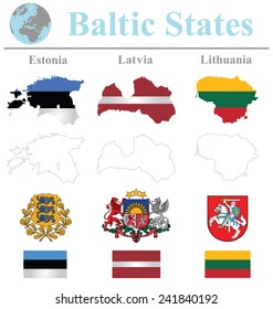 Flags of the Baltic States collection overlaid on outline map isolated on white background 