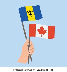 Flags of Barbados and Canada, Hand Holding flags