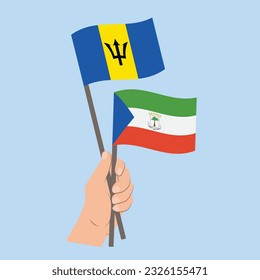 Banderas de Barbados y Guinea Ecuatorial, con banderas de mano
