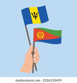 Banderas de Barbados y Eritrea, con banderas de mano