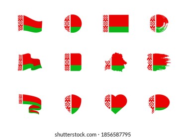 Flags of Belarus - flat collection. Flags of different shaped twelve flat icons. Vector illustration set