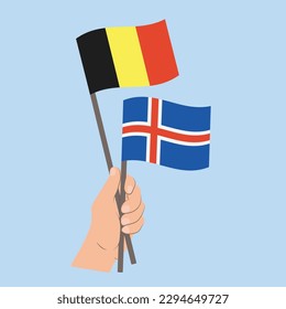 Flaggen von Belgien und Island, handgeführte Flaggen