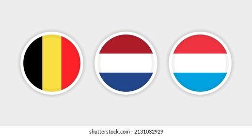 Flags of Belgium, the Netherlands and Luxembourg with circle frames and grey background