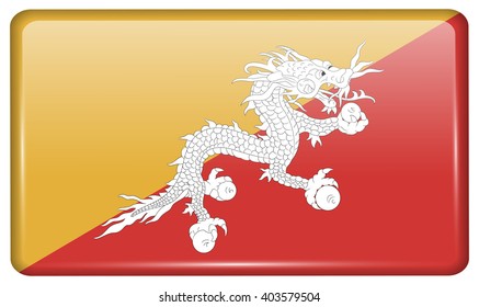 Flags of Bhutan in the form of a magnet on refrigerator with reflections light. Vector illustration