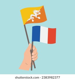 Flags of Bhutan and France, Hand Holding flags
