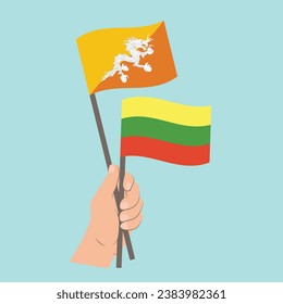 Banderas de Bután y Lituania, con banderas de mano