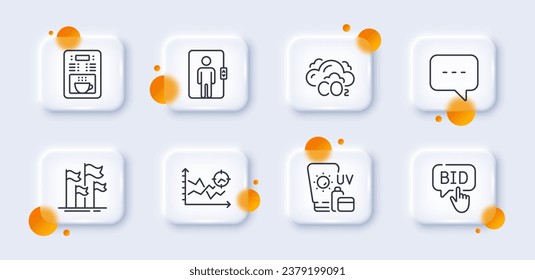 Flags, Bid offer and Blog line icons pack. 3d glass buttons with blurred circles. Seo analysis, Sunscreen, Coffee maker web icon. Elevator, Co2 pictogram. For web app, printing. Vector