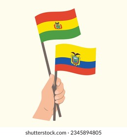 Banderas de Bolivia y Ecuador, con banderas de mano