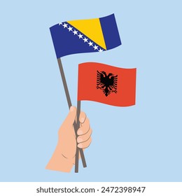 Flags Bosnia and Herzegovina and Albania, Hand Holding flags