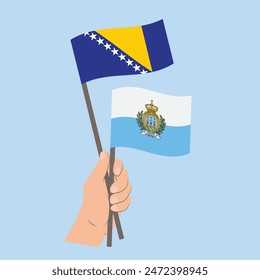 Flags Bosnia and Herzegovina and San Marino, Hand Holding flags