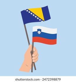 Flags Bosnia and Herzegovina and Slovenia, Hand Holding flags