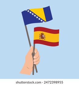 Flags Bosnia and Herzegovina and Spain, Hand Holding flags