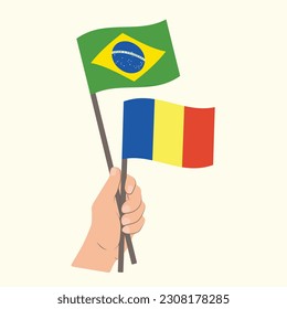 Flags of Brazil and Romania, Hand Holding flags