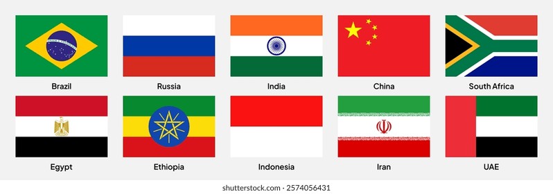 Flags of BRICS (Brazil, Russia, India, China, South Africa) member countries in rectangular shapes (with a 3:2 ratio). Vector illustration.