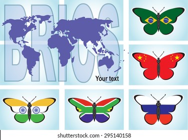 Flags of the BRICS in the form of butterflies on the world map