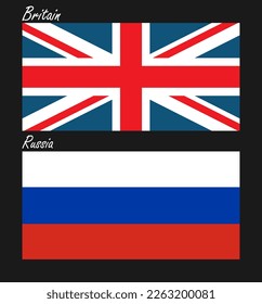 Flags of Britain and Russia on a black background. Icons, stickers. Vector set