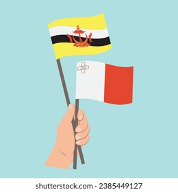 Banderas de Brunei y Malta, con banderas de mano