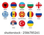 Flags of BSEC (Black Sea Economic Cooperation) member countries in round shapes, including Albania, Armenia, Bulgaria, Greece, Romania, Russia, Serbia, Turkey, Ukraine and others. Vector illustration.