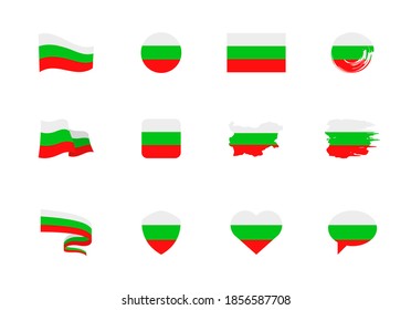 Flags of Bulgaria - flat collection. Flags of different shaped twelve flat icons. Vector illustration set