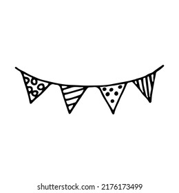 FLags bunting doodle style vector illustration isolated on white background. Party banner hand drawn graphics