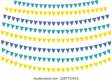 Flags, bunting, festive decoration, garlands, borders design elements set, isolated. Hand drawn vector illustration. Festa Junina celebration, holiday, festival, party carnival birthday anniversary