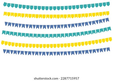 Flags, bunting, festive decoration, garlands, borders design elements set, isolated. Hand drawn vector illustration. Festa Junina celebration, holiday, festival, party carnival birthday anniversary