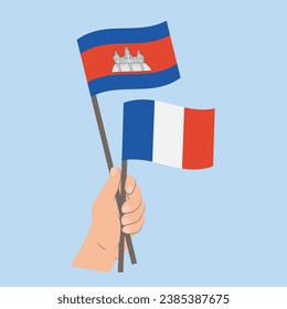 Flags of Cambodia and France, Hand Holding flags
