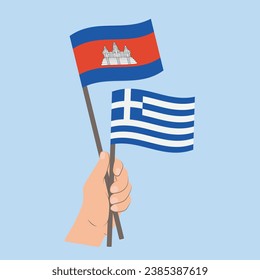 Flags of Cambodia and Greece, Hand Holding flags
