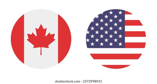 Flags of Canada and the United States. Button flag icon. Standard color. Circle icon flag. Computer illustration. Digital illustration. Vector illustration.