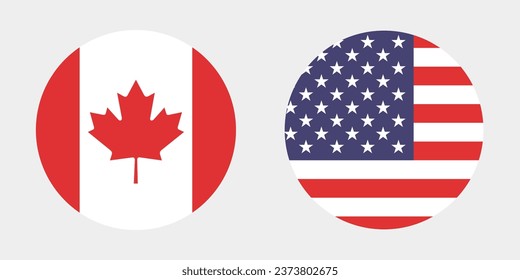 Banderas de Canadá y Estados Unidos. Icono de indicador de botón. Color estándar. Indicador de icono de círculo. Ilustración del equipo. Ilustración digital. Ilustración vectorial.