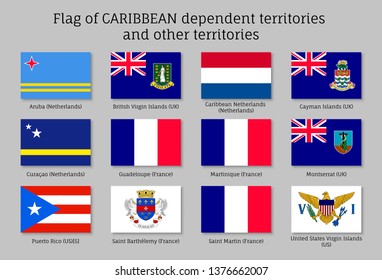 Flags of Caribbean dependent territories. Officially recognized flags of states in flat style isolated on grey background. Patriotic symbols vector illustration. National and political identity.