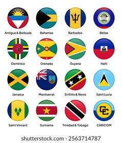 Flags of CARICOM (Caribbean Community) member countries in round shapes, including Antigua and Barbuda, Barbados, Belize, Dominica, Grenada, Guyana, Jamaica, and others. Vector illustration.