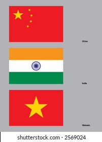 The flags of China, India, and Vietnam. Drawn in CMYK and placed on individual layers.