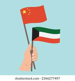 Banderas de China y Kuwait, con banderas de mano