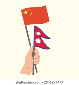 Flags of China and Nepal, Hand Holding flags