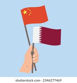 Flags of China and Qatar, Hand Holding flags