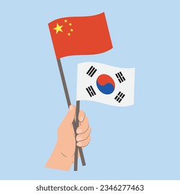 Flags of China and South Korea, Hand Holding flags